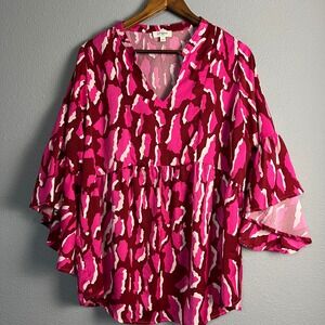 Umgee Tiered Tunic Top Ruffle Bell Sleeve Blouse Barbie‎ Pink Print Artsy Size L